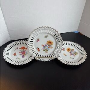 Porcelain Lattice-Edge Dessert Plates with Multicolor Floral Motif - White